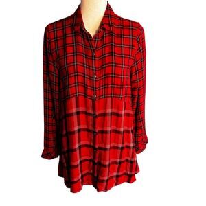 J. Jill Red Plaid Button Front Tunic Womens Size Petite Small Holiday Pockets